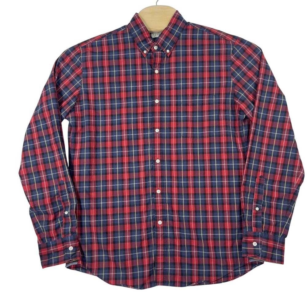 J.Crew Button Down Shirt Mens Large Red Navy Plaid Slim Fit 2-Ply Cotton